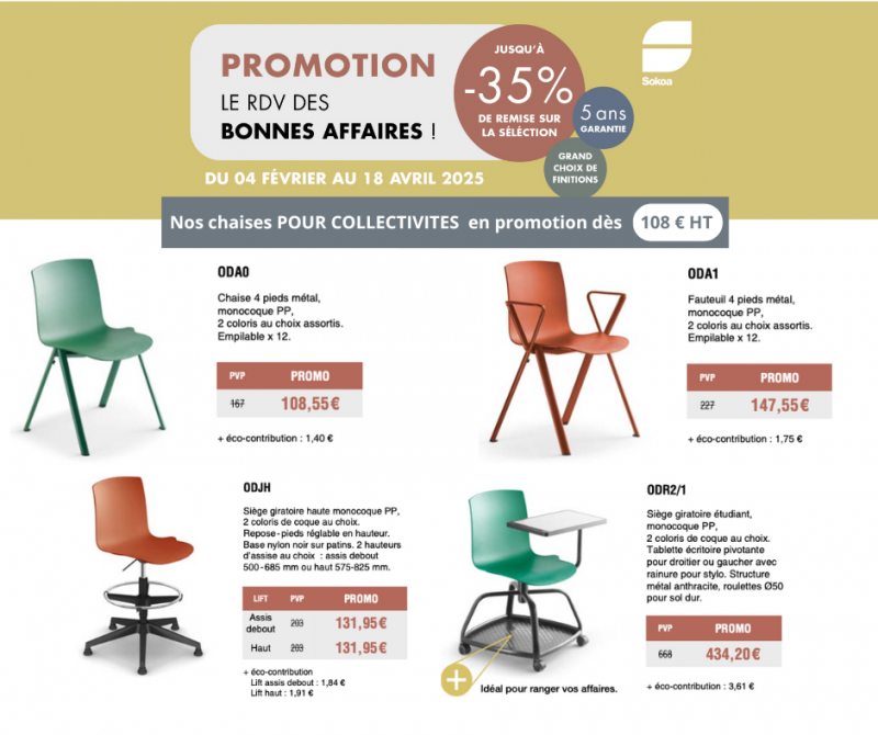 Promo SOKOA sur les chaises pour environnement collectif
